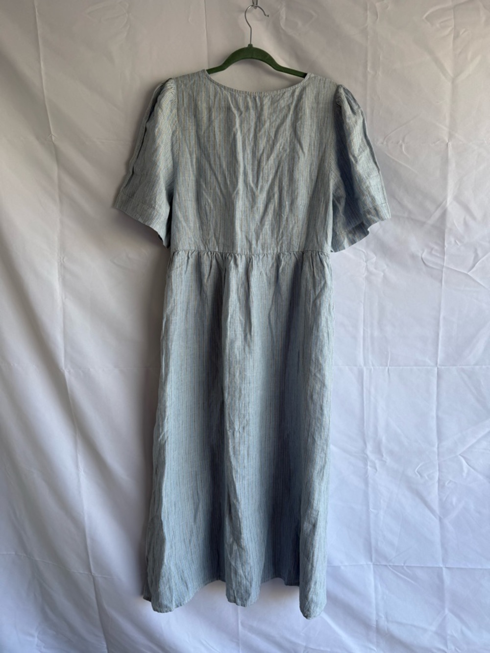 Madewell Linen Midi Dress XL Blue Stripe Button Front Puff Sleeve Pockets NWT - Picture 6 of 6